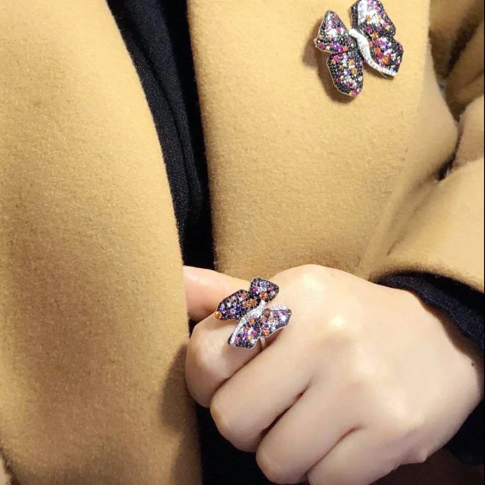 Qi Xuan_Trendy Jewelry_Multicolor Butterfly Ring_S925 однотонная Серебряная модная разноцветная бабочка