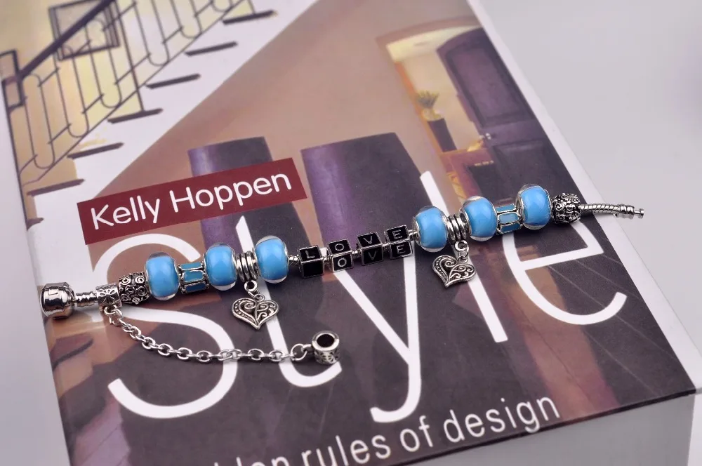 

2016 Fashion Jewelry heart LOVE letter Charm Bracelets & Bangles For Women Antique Silver Crystal Bead Bracelet Pulseira joyeria