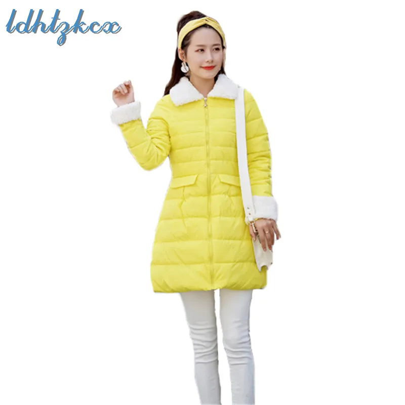 

Winter Jacket Women Korean Yellow Black Long Down Jackets 19 New Spring Fashion Slim Zipper Pockets Coat Clothing Feminina CX564