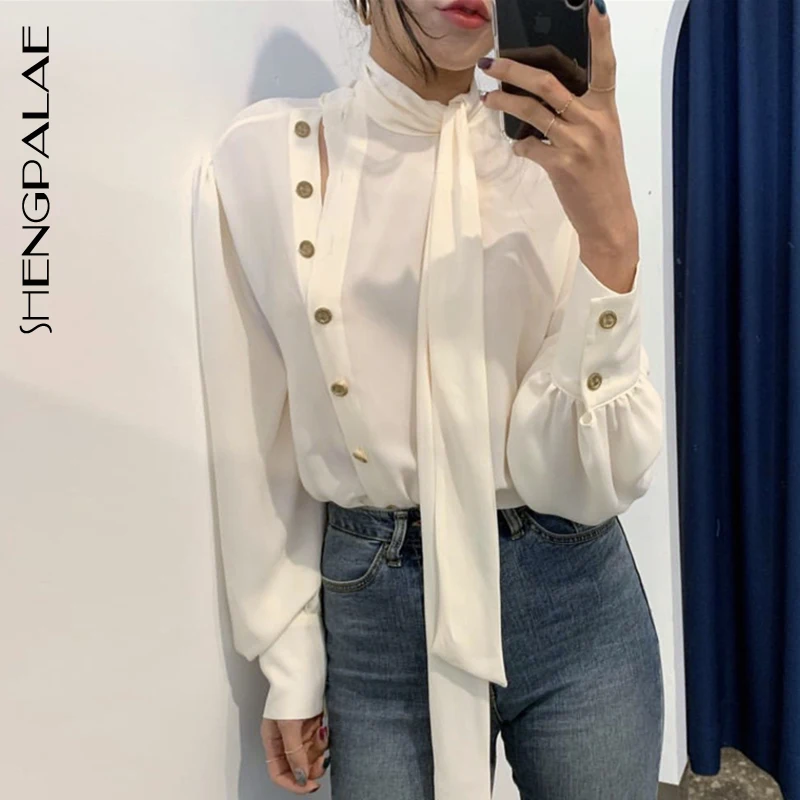 SHENGPALAE New Spring Spring Korea Style Full Lantern Sleeve Stand Collar With Button Chiffon Single Breasted Women Shirt FR397
