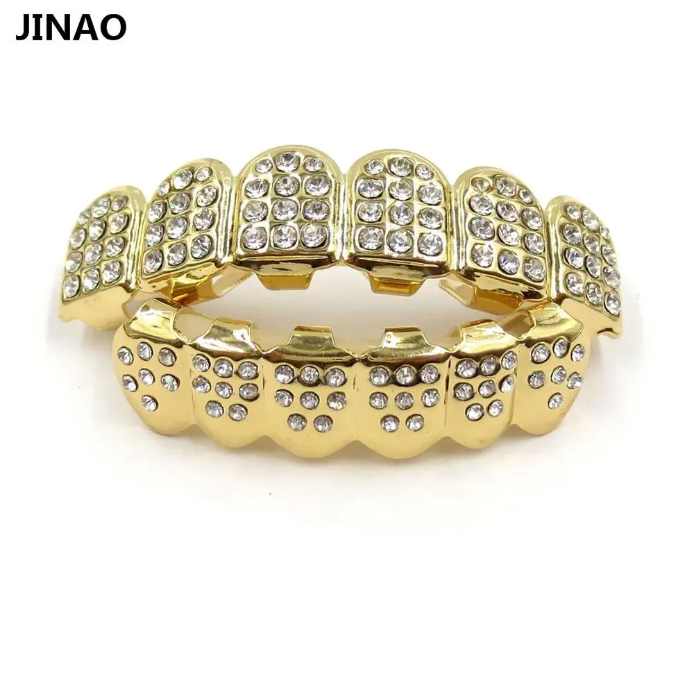 12 комплектов цзинао Позолоченные ICED OUT CZ зубы GRILLZ верхней нижней крышки зуба хип хоп Bling комплект решеток для Рождества - Окраска металла: 5 lows gold