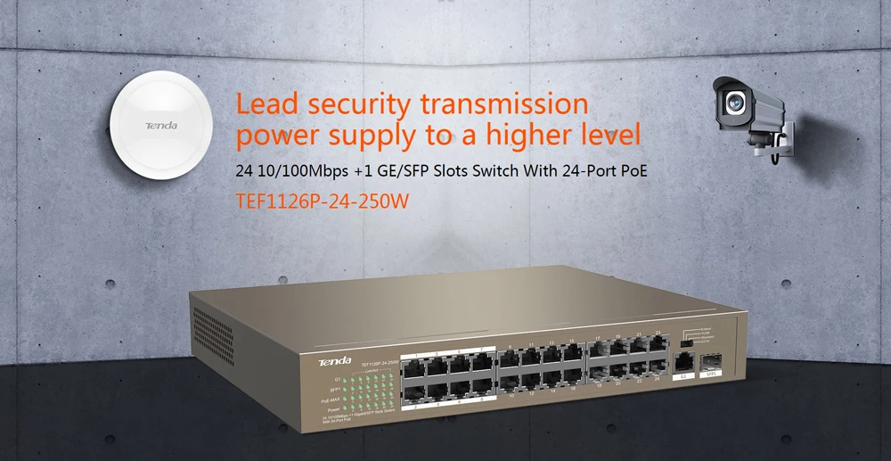Tenda TEF1126P-24-250W коммутатор для интернет-сети 24 Порты, 225 W PoE источника питания