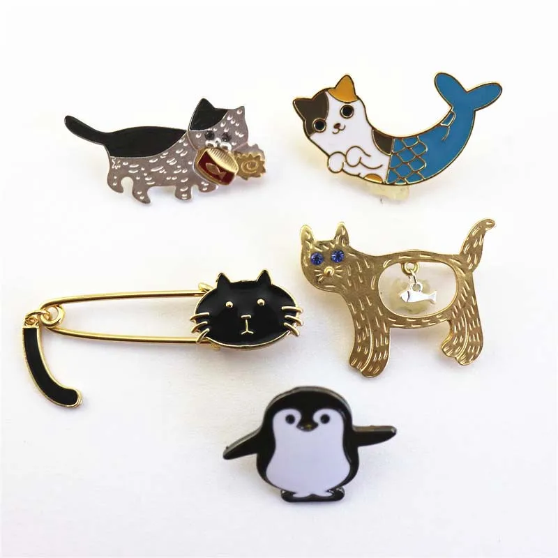 Модная брошь из сплава в виде кота красивой кошки пингвина разноцветные