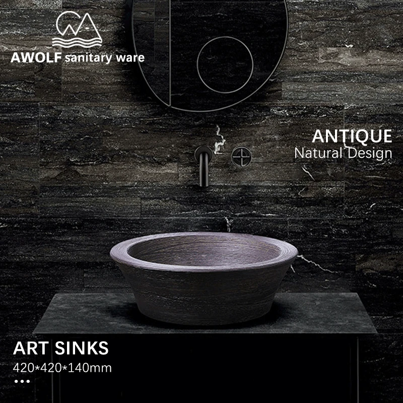 

Art Bathroom Sinks Antique Washing Basin Bowl Ceramic Vessel 420*420*140mm Natural Design Imitation stone Modern Lavatary AM859