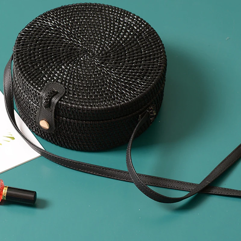 Черные круглые сумки из ротанга для женщин Сумка через плечо ручной работы