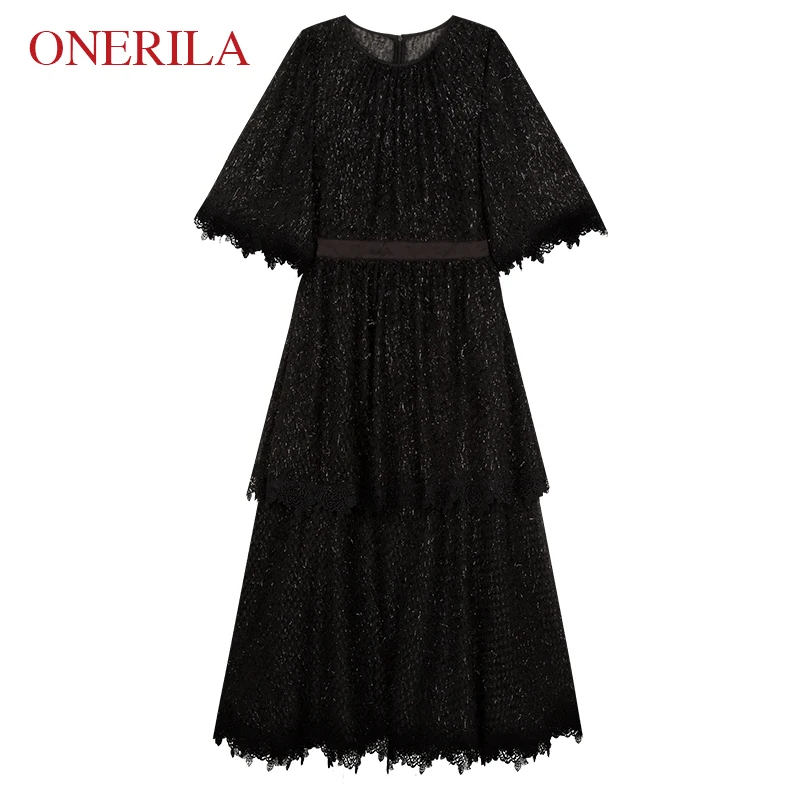 ONERILA 2018 Ретро лето-осень Половина рукава кисточкой Длинные Платье черного цвета