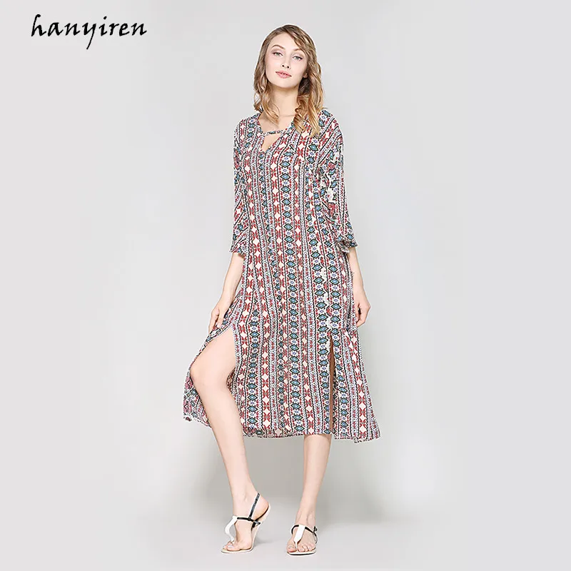 Hanyiren Side Split Loose Vintage Print Summer Dress Bohemian Beach Dresses V Neck Chiffon Women Sexy Long Maxi | Женская одежда