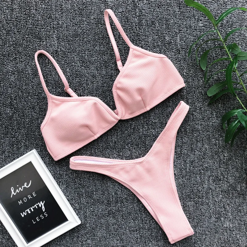 

V shape Brazilian micro thong bikini 2019 female Ribbed swimsuit Two pieces bikini set sexy swimwear women Push up bathing suit