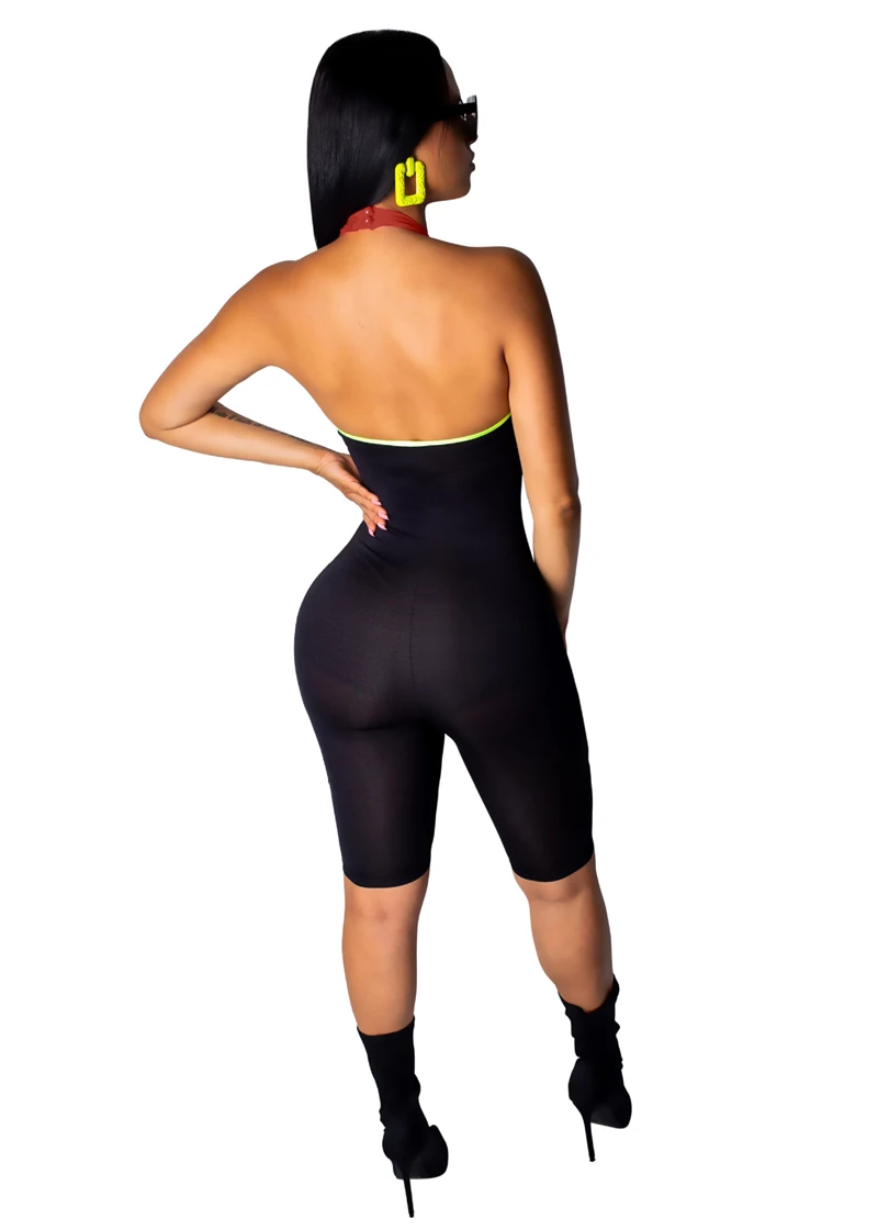 Женский сетчатый комбинезон с лямкой на шее до колена|Комбинезоны c шортами| |