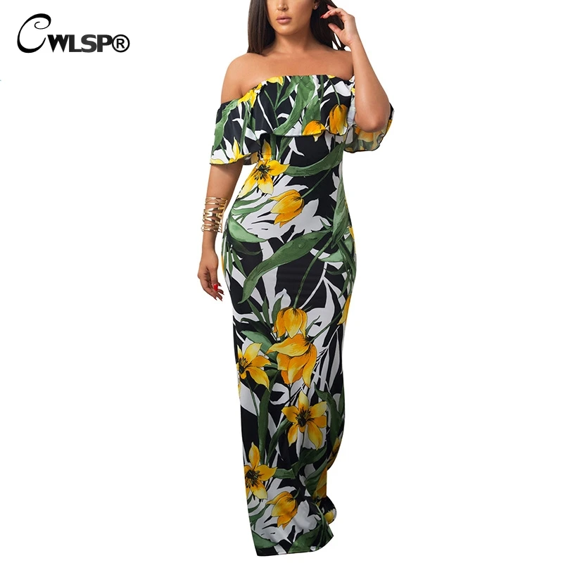 

CWLSP 2018 Women Printed Floral Maxi Dress Elegant Beach Long Dress Slash Neck Ruffles Floor Length 8 Color Vestido QZ2622