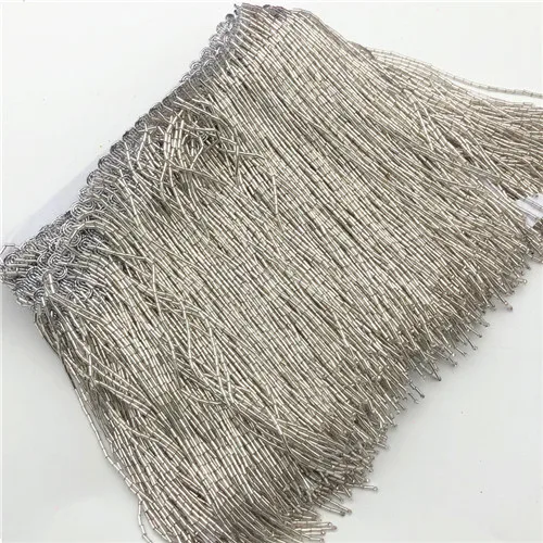 5Meter wholesale 15cm(6inches) heavy Glass Gold color Seed Beaded Fringe Lamp Costume Trim Crafts - Цвет: Silver