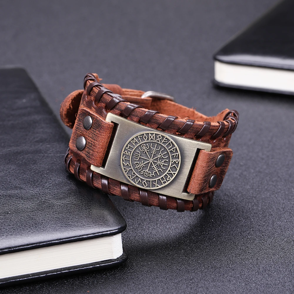 Teamer нордическая Руна Vegvisir подвеска Компас браслет Викинг браслеты из натуральной кожи мужские винтажные Античные Серебряные широкие плетеные браслеты