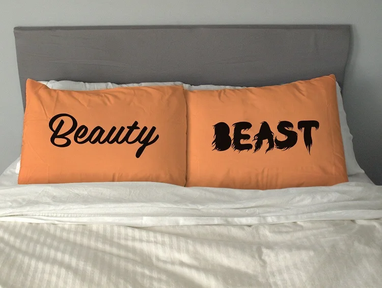 Quirky Funny Beauty and Beast Pillowcase Set Pillow Case Pillowcases Custom Fun Wedding Valentine Gift White Cyan Pink Orange | Дом и сад