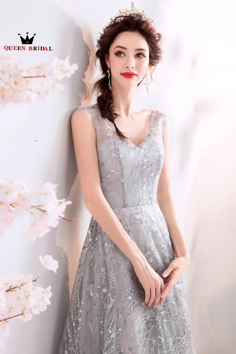 Серые длинные вечерние платья новинка 2020 ТРАПЕЦИЕВИДНОЕ ПЛАТЬЕ С V-образным