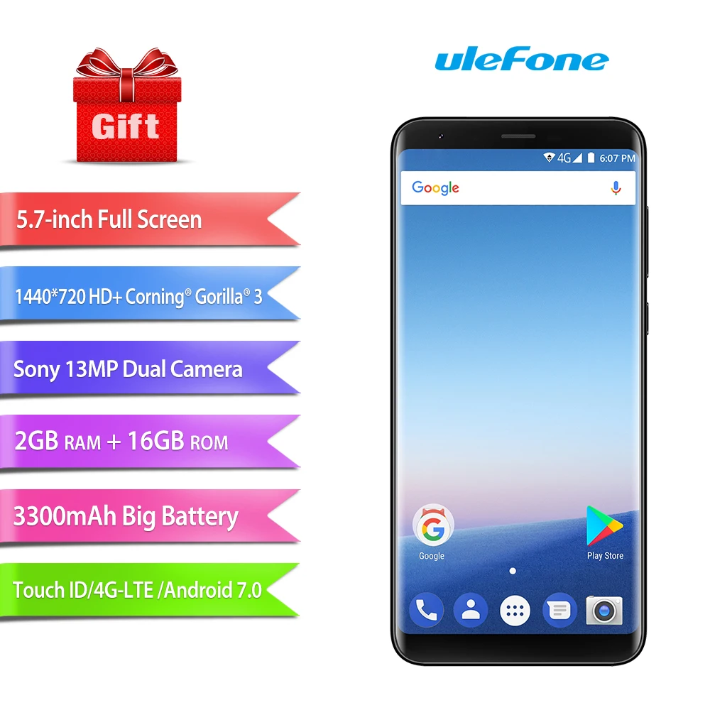 Ulefone Mix 2 5 7 дюймов HD + 13MP двойной камеры мобильного телефона MTK6737 4 ядра Android 0 ГБ 16