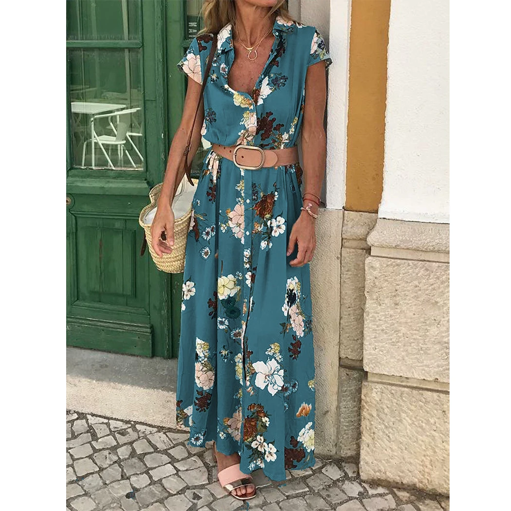 Женское платье с цветочным принтом Boho длинное отворотом и коротким рукавом на