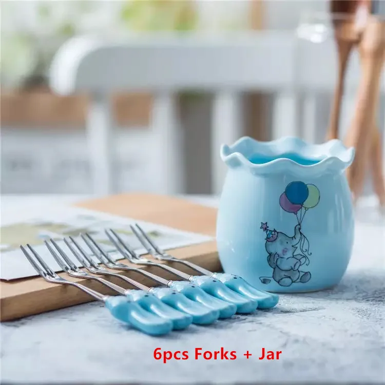 6 FORKS Творческий мультфильм керамическая ручка из нержавеющей стали набор ложек и вилок вилки для фруктов Десертные Вилки кухонные столовые приборы - Цвет: 6 FORKS