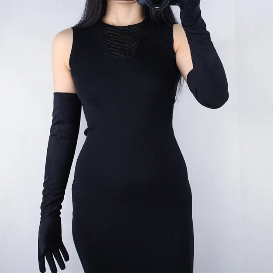 

2018 Fashion Lady Suede Gloves Black Matte Sanded Suede Simulation Leather Without Lined Women'S Long Section 60cm TB24