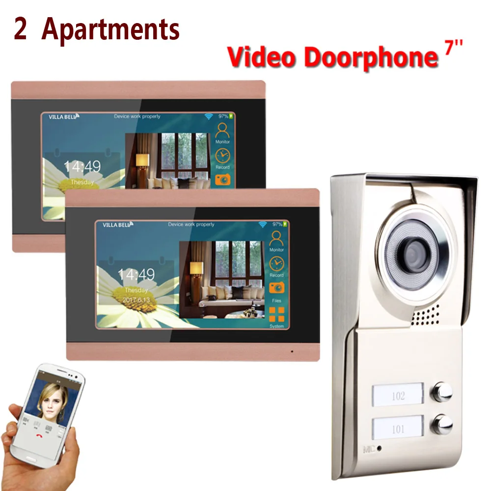 

7inch Record wireless Wifi 2 Apartments Video Door Phone Intercom System IR-CUT HD 1000TVL Camera Doorbell Camera with 2 button