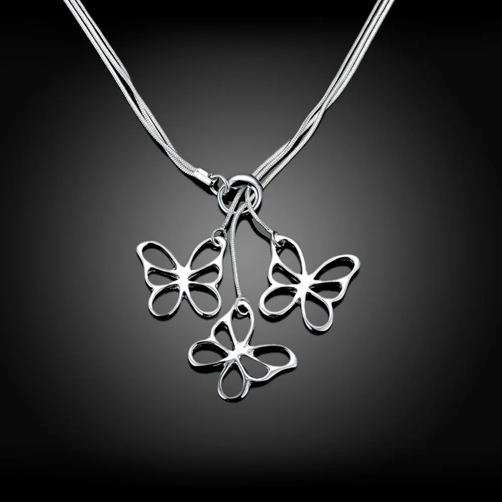 Women's jewelry 925 stamp silver plated three Butterfly charms Taiji Hanging necklace Colar de Prata gift pouches free shipping |