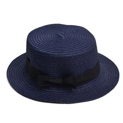 Navy Blue Женские шляпы, Дамская соломенная шляпа-котелок, шляпа от солнца, круглая плоская кепка, летняя пляжная кепка, моряк, Трилби, кепка A456 - Цвет: Navy Blue