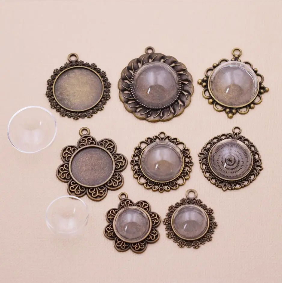 

10pcs Bronze Antique Copper Alloy Cabochon Tray With Half Ball Glass Dome For Photo Frame Cameo Setting Pendant Making DIY