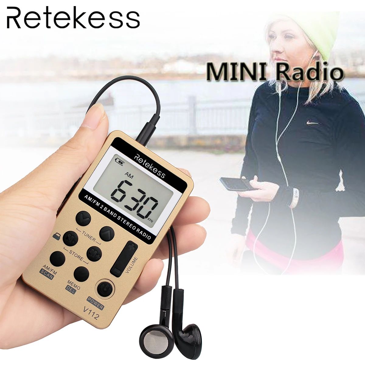 Портативный радиоприемник Retekess V112, FM/AM, цифровой портативный мини-приемник, настраиваемый с перезаряжаемой батареей, наушник, радиоприемник F9202