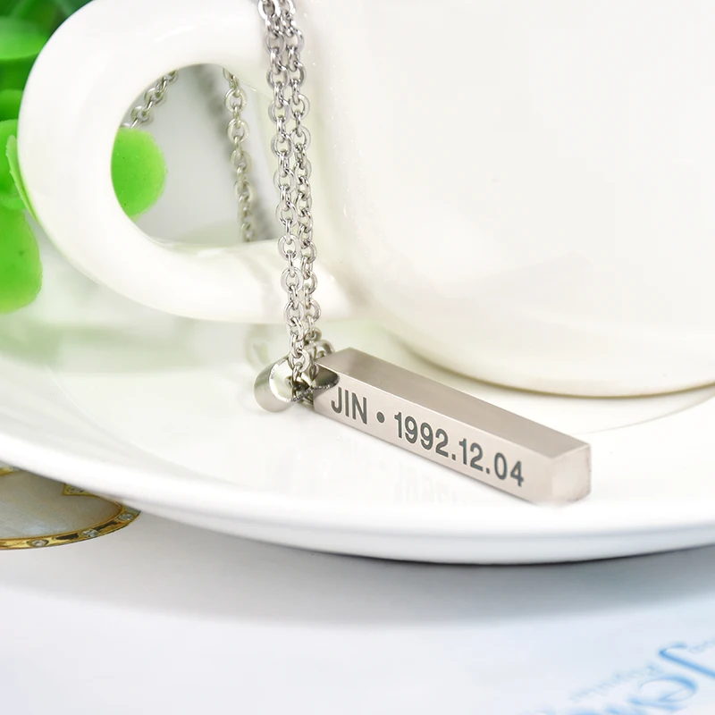 Fashion Members Name Date Cuboid Bar Pendant Necklace Jewelry Silver Titanium Chain Necklaces Pendants | Украшения и аксессуары