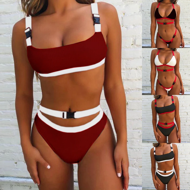 Новый Для женщин пуш-ап бикини в полоску набор Пуш-ап лоскутное пряжки Разделение
