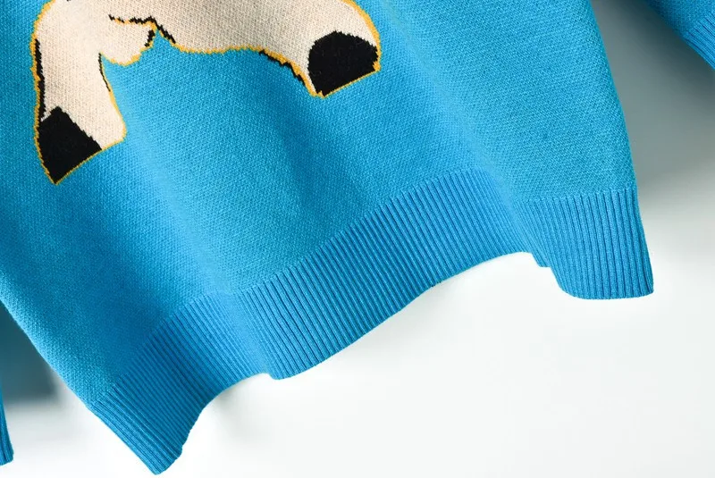 Runway Pullover Bright Blue Cute Pig Pattern Sweet Knitted Sweater O-neck Long Sleeve Fashion Elegant Jumper | Женская одежда