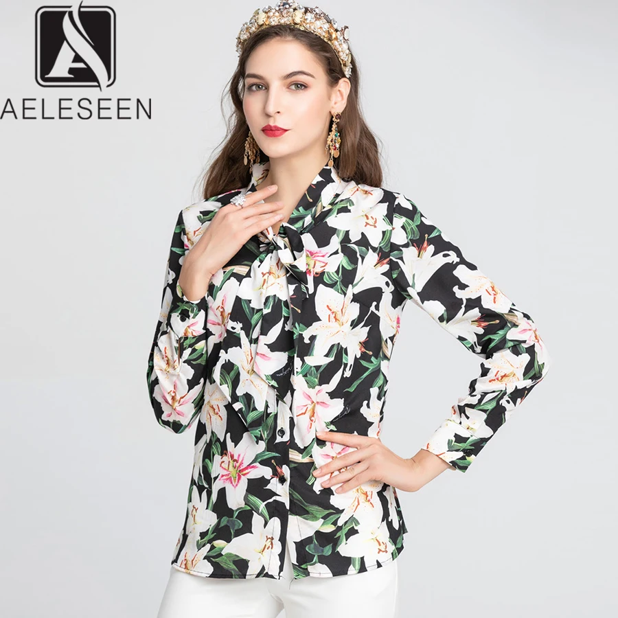 AELESEEN High Street Lily с принтом топы женские 2019 Осень Новая мода галстук-бабочка
