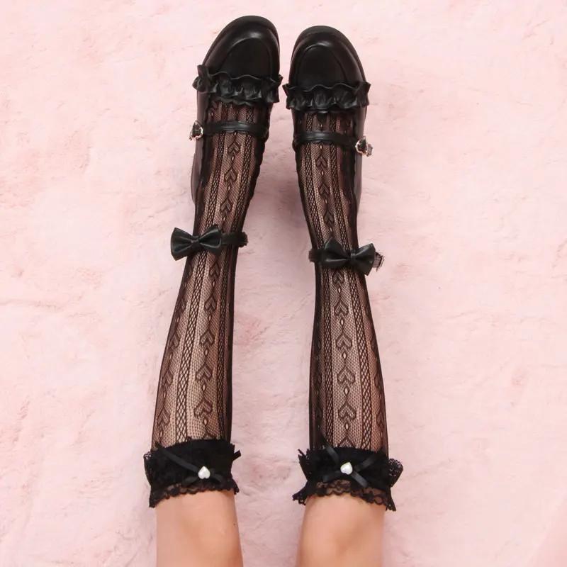 Black sock Носки до середины икры в японском стиле; носки без пятки с кружевным бантом в стиле Лолиты; носки для девочек в стиле аниме; jk; носки для студентов - Цвет: Black sock