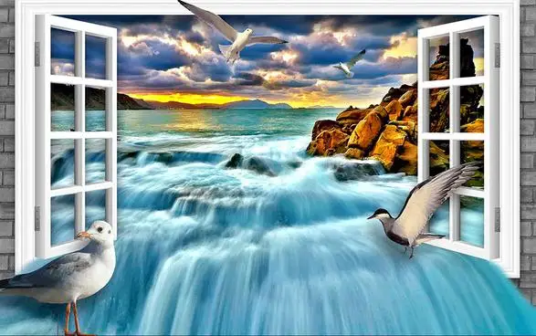 3D обои 3d ТВ окно Белый рок пляж 3 d водопад фон Настенные | Обустройство дома
