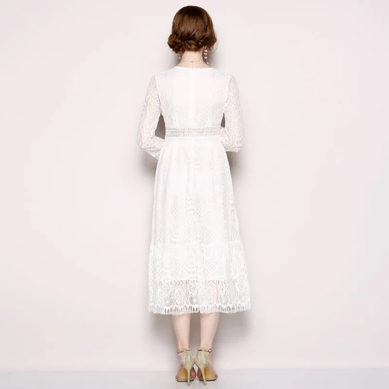Женское платье с длинным рукавом и круглым вырезом белое кружевное элегантное