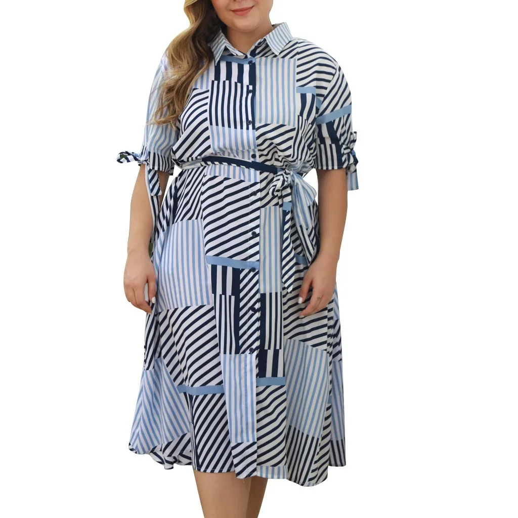 Womail XL-4XL, женское богемное платье размера плюс, Vestidos, свободное, с пятью рукавами, в полоску, с принтом, с высокой талией, по колено, платье JL19 Vestidos