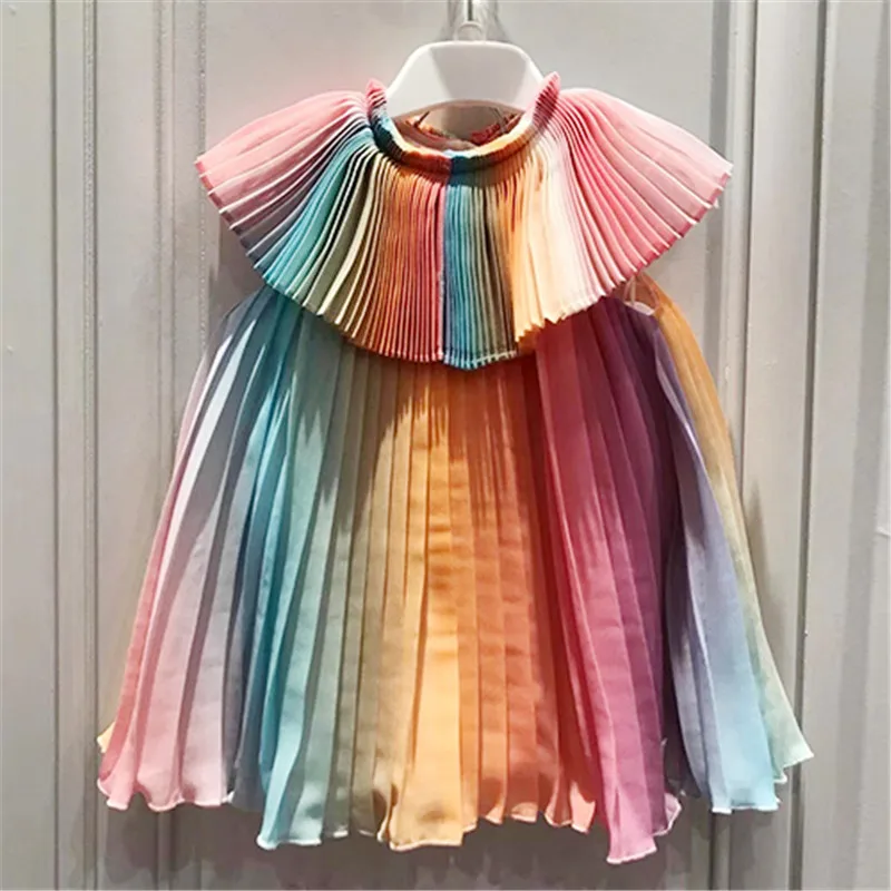 Design Rainbows Baby Girls Pleated Dresses Chiffon Fairy Party Dress Clothes Cute Maid Kids | Детская одежда и обувь