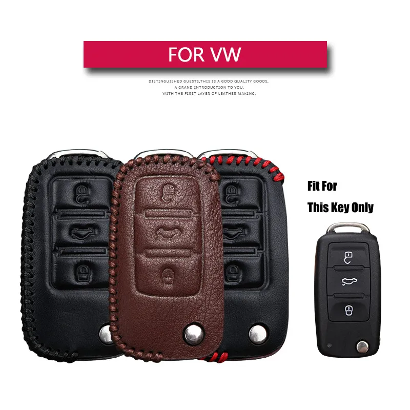 Кожаный чехол для автомобильного ключа VW с 3 кнопками Volkswagen Bora Beetle Golf Polo Passat Remote Flip
