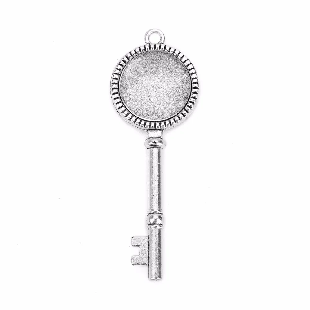 

DC 5pcs/lot Antique Silver Round Blank Pendants Tray Base with 20mm Glass Cabochon Key Shape Base Setting for DIY Jewelry Making