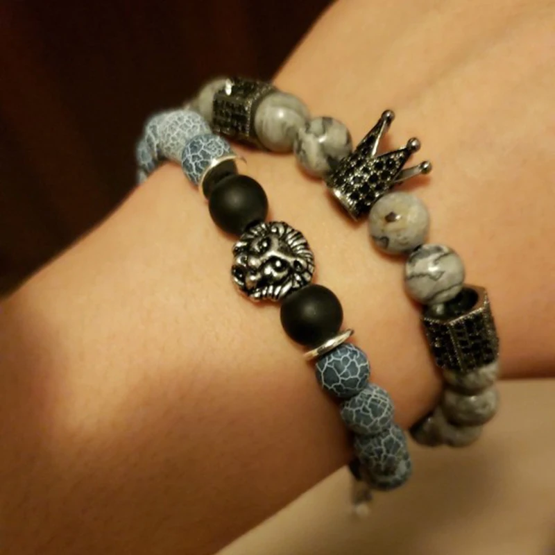 

Men's Weave Kintted Design Bead Bracelet Lion Head Charm Lava,Howlite Stone Bead Adjustable Macrame Braieding Bracelet For Women