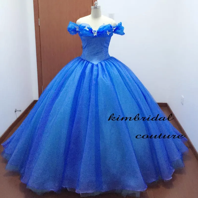 Actual Image Evening Dresses Gowns Court Train Off the Shoulder Butterfly Blue Ball Gown Cinderella Prom Dresses Real Picture