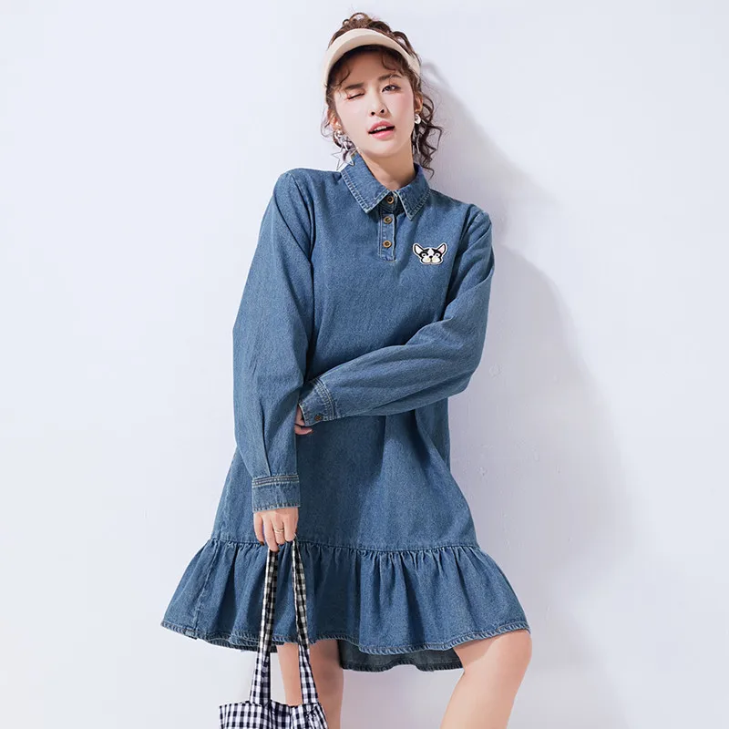 2018 новые весенние оборками Denim женское платье мультфильм вышивка с длинным