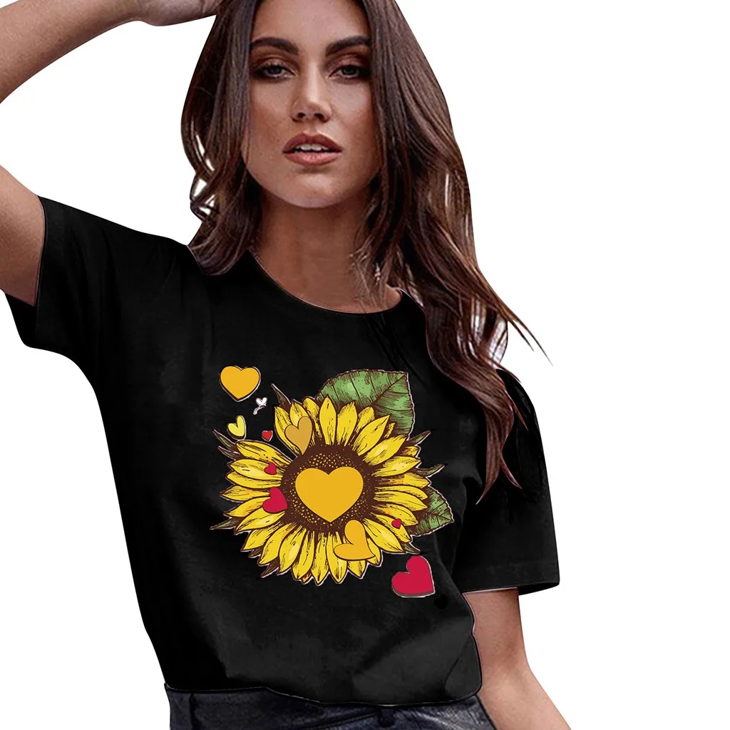 Женская модная футболка с рисунком подсолнуха коротким рукавом и принтом сердца