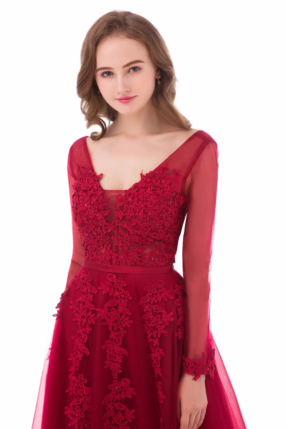 Винно-красное вечернее платье длинное 2020 Тюль с кружевной аппликацией и длинными