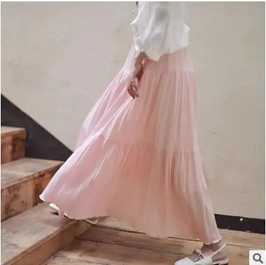 pink Qooth Лето Весна Женская длинная юбка эластичная талия льняная плиссированная юбка Повседневная пляжная макси юбка Свободная однотонная Saia QH1729 - Цвет: pink