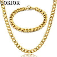 7mm mens boys miami cuban link bracelet chain set gold color stainless steel hip hop necklace chain jewelry sets s287