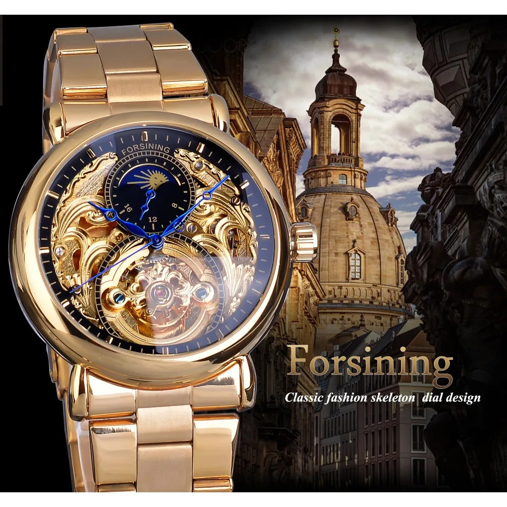 Forsining 2019 новый дизайн Moonphase золотые автоматические механические часы Tourbillion