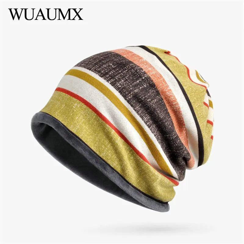

High Quality Winter Plus Velvet Skullies Beanies Hats For Women Striped Turban Hats Men's Hedging Caps chapeau femme