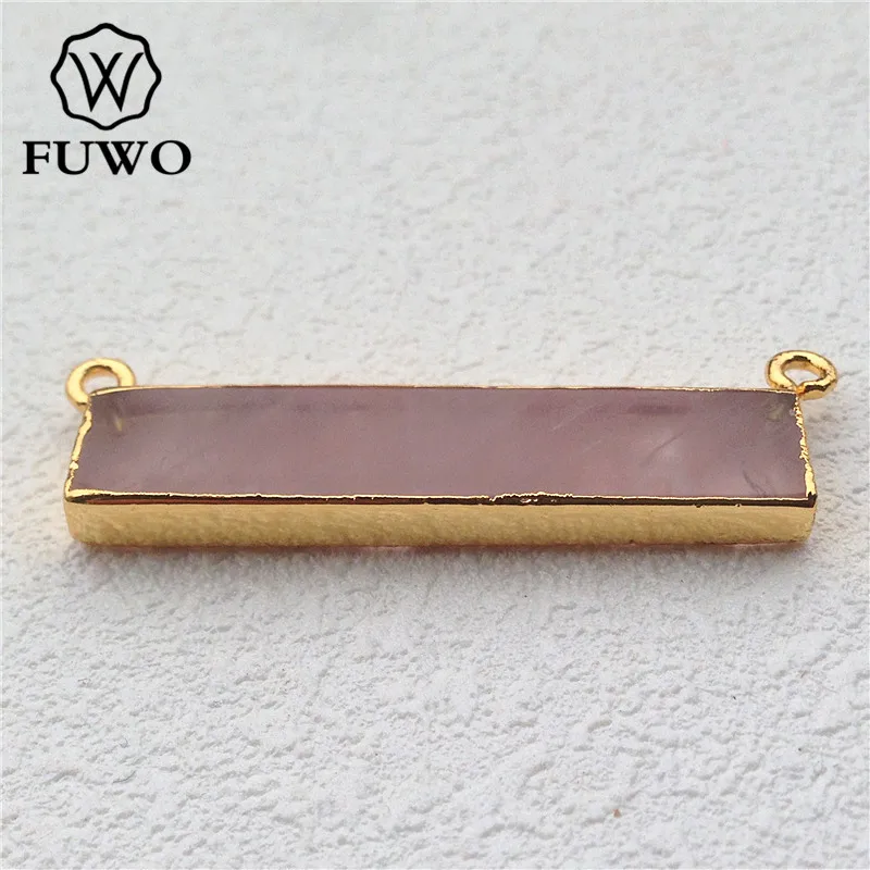 

FUWO Natural Pink Quartz Bar Connector 24K Gold Electroplate Double Bails Pink Essence Crystal Pendant Jewelry Wholesale PD033