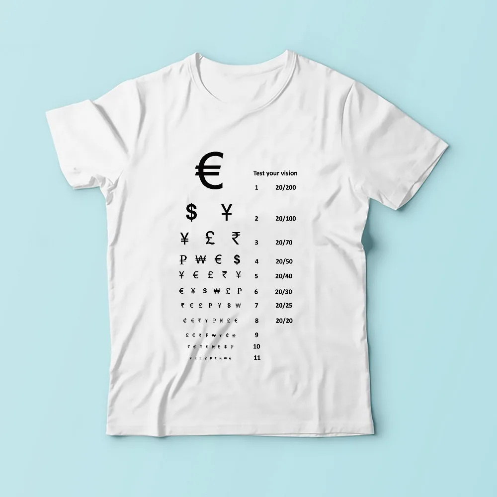 Currency symbol Visual acuity chart funny tshirt men 2018 new white casual creative cool homme high definition no glue t shirt | Мужская