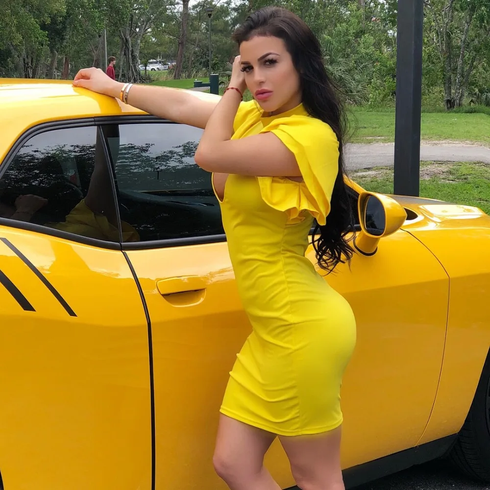 Almajores для женщин Bodycon платье Сексуальная выдалбливают оборками рукавом Мини